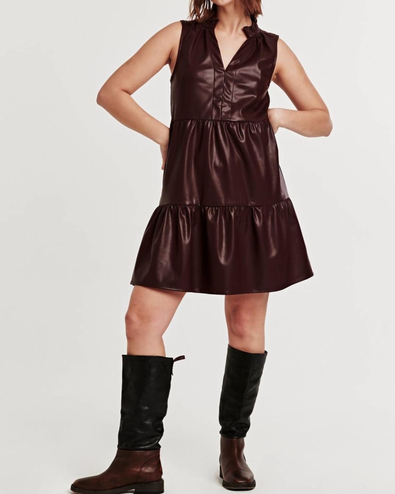 Front of a model wearing a size L Helena Sleeveless Vegan Leather Dress In Mahogany Woods in Mahogany Woods by DEAR JOHN DENIM. | dia_product_style_image_id:346880